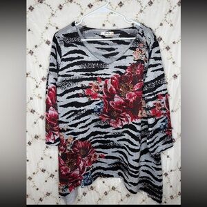 Mixed Print V-Neck Tunic with Burgundy Roses